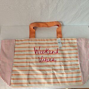 LOFT Weekend Vibes Beach Canvas Tote Bag Orange Pink Stripes Oversized NWT